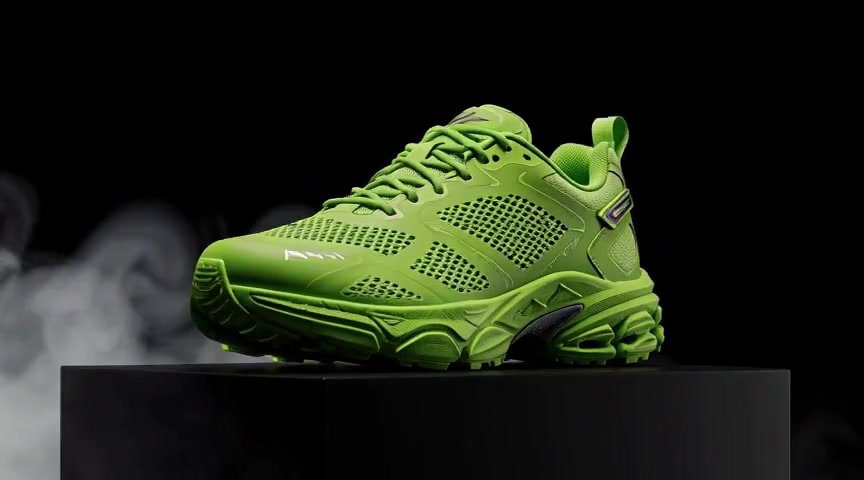 Acid-green concept shoe on a dark pedestal, generated with MiniMax H3