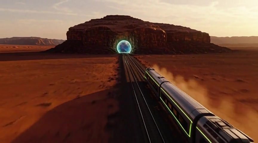 Original MiniMax H3 cinematic scene of a desert train approaching a portal